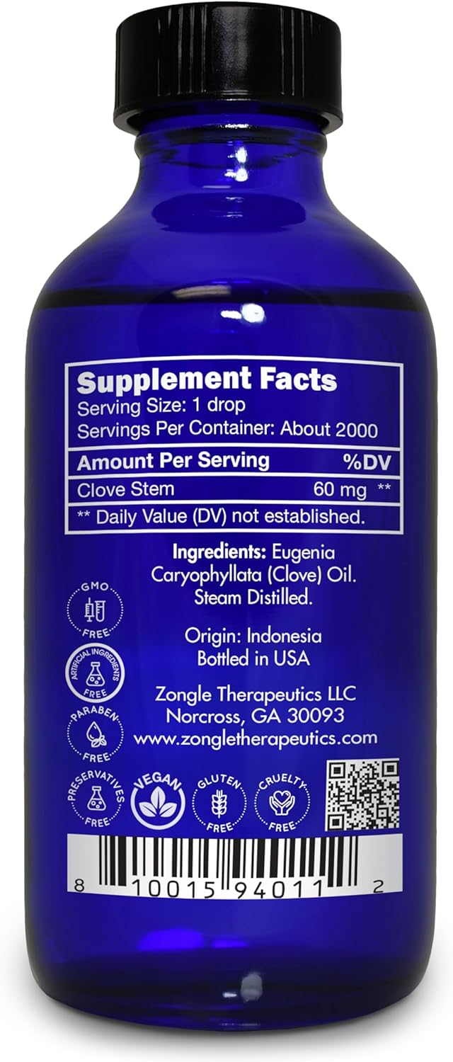 Clove Oil, Food Grade, for Teeth and Gums, Tooth Aches – 100% Pure, Clove, Bud, Essential, Oil, by Zongle Therapeutics, 4 OZ