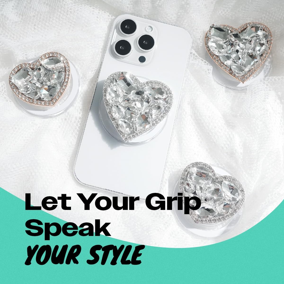 OnTheGrip Compatible with Magsafe Cute Cubic Diamond Heart Shape Design Collapsible Mobile Phone Grip Stand Holder for Smartphone Tablet Cell Phone Accessory (Silver Small)