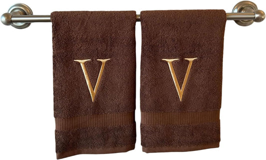 Brown Initial Hand Towel for Bathroom - Monogrammed Luxury Hotel Quality Decorative Embroidered Towel for Powder Room, Spa - GOTS Organic Certified - Set of 2 Beige Letter V