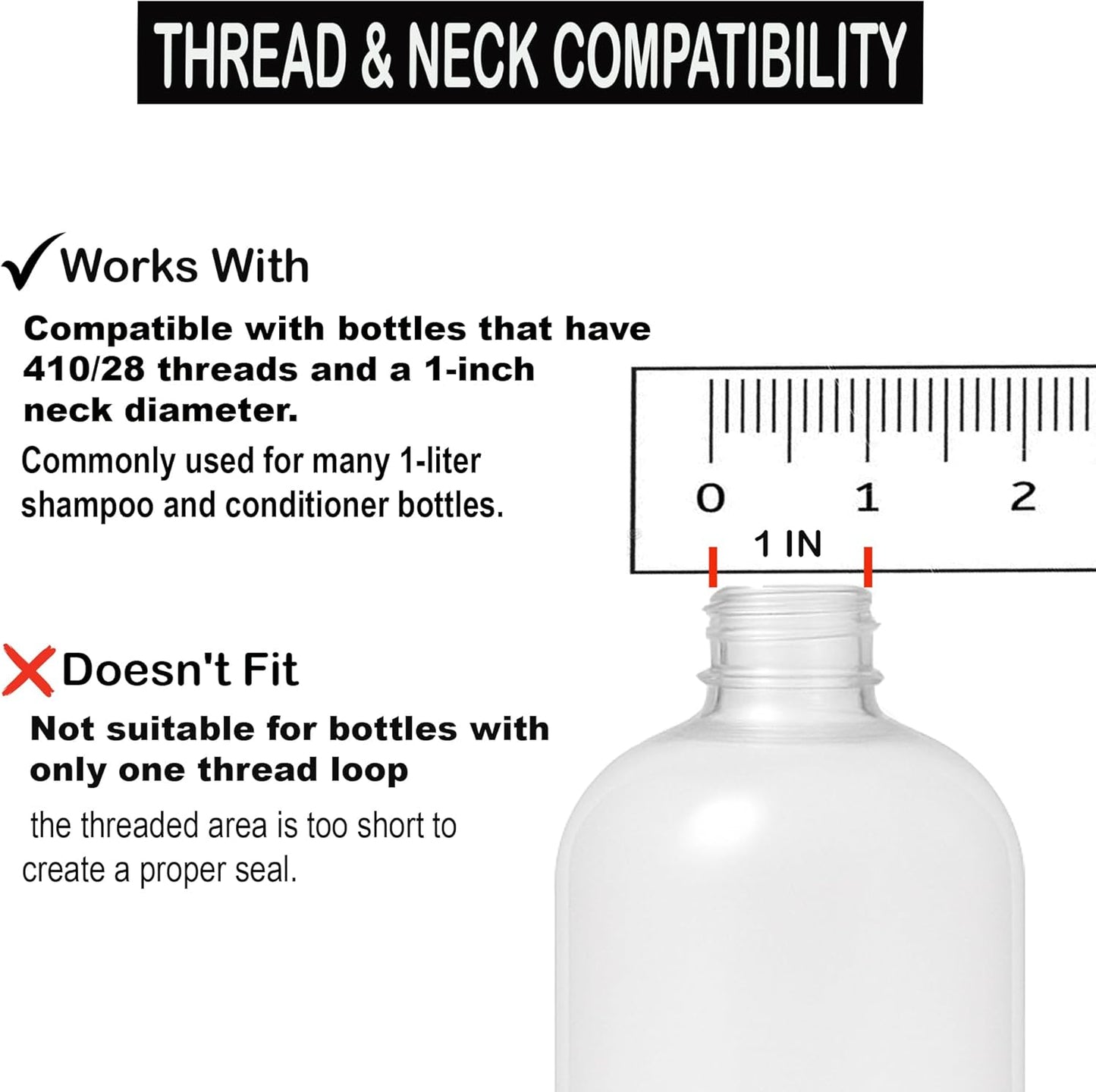 Universal Shampoo/Conditioner Dispenser Pump for Bottles, Leak Proof, Pump Top Fits 1 L/33.8 oz Bottles, 28/410 Neck Size, (White - Pack of 2)