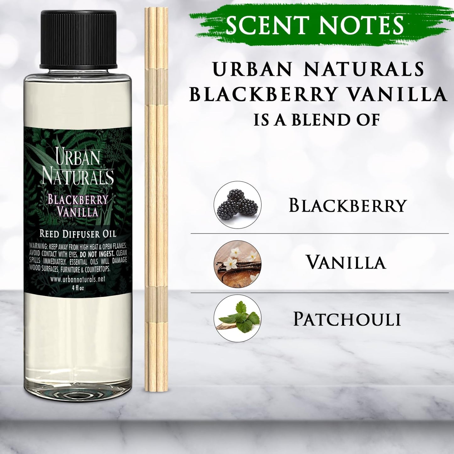 Urban Naturals Reed Diffuser Oil Refill, BlackBerry Vanilla Diffuser Oil with Blackberries, Vanilla, Patchouli, 4 oz + Free Reed Sticks, Made in The USA