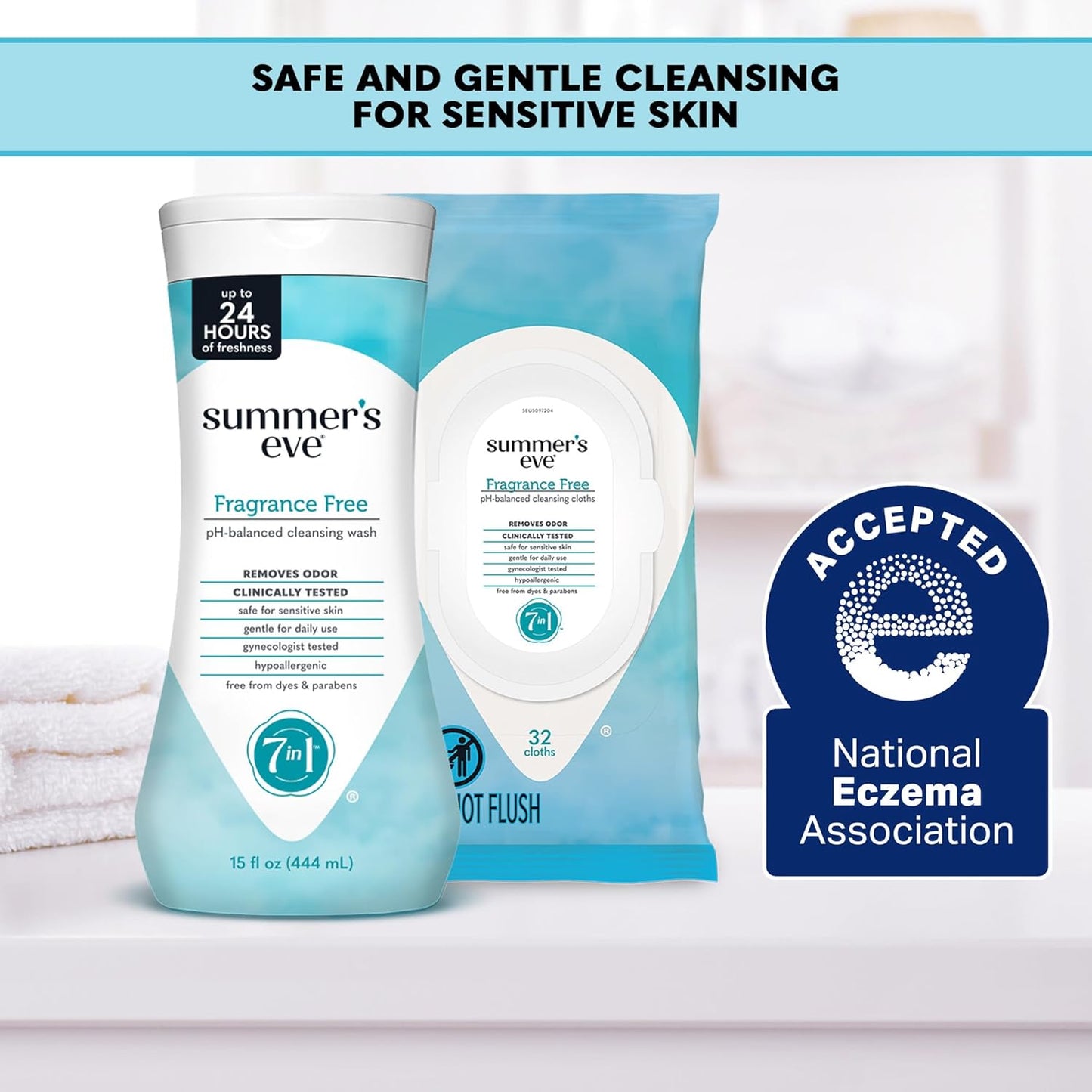 Summer's Eve Fragrance-Free Feminine Wipes, Gentle pH-Balanced Micellar Water Based Formula Helps Control Vaginal Odor, Resealable Packs, 32 Wipes, Pack of 4