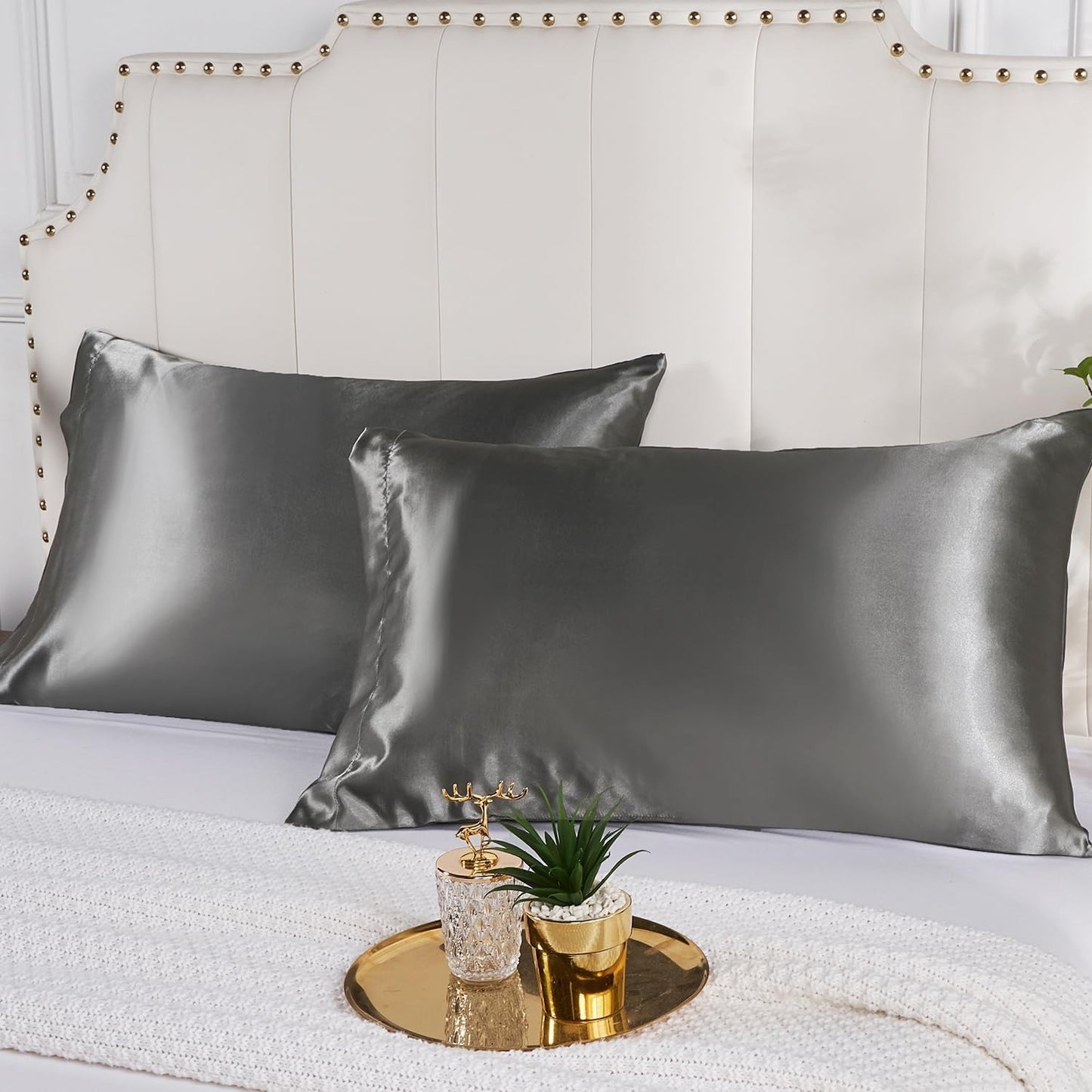 Satin Silk Pillowcase for Hair and Skin, Black Pillow Cases Standard Size Set of 4 Pack Super Soft Pillow Case with Zipper Closure (Gray, Standard(4 Pack))