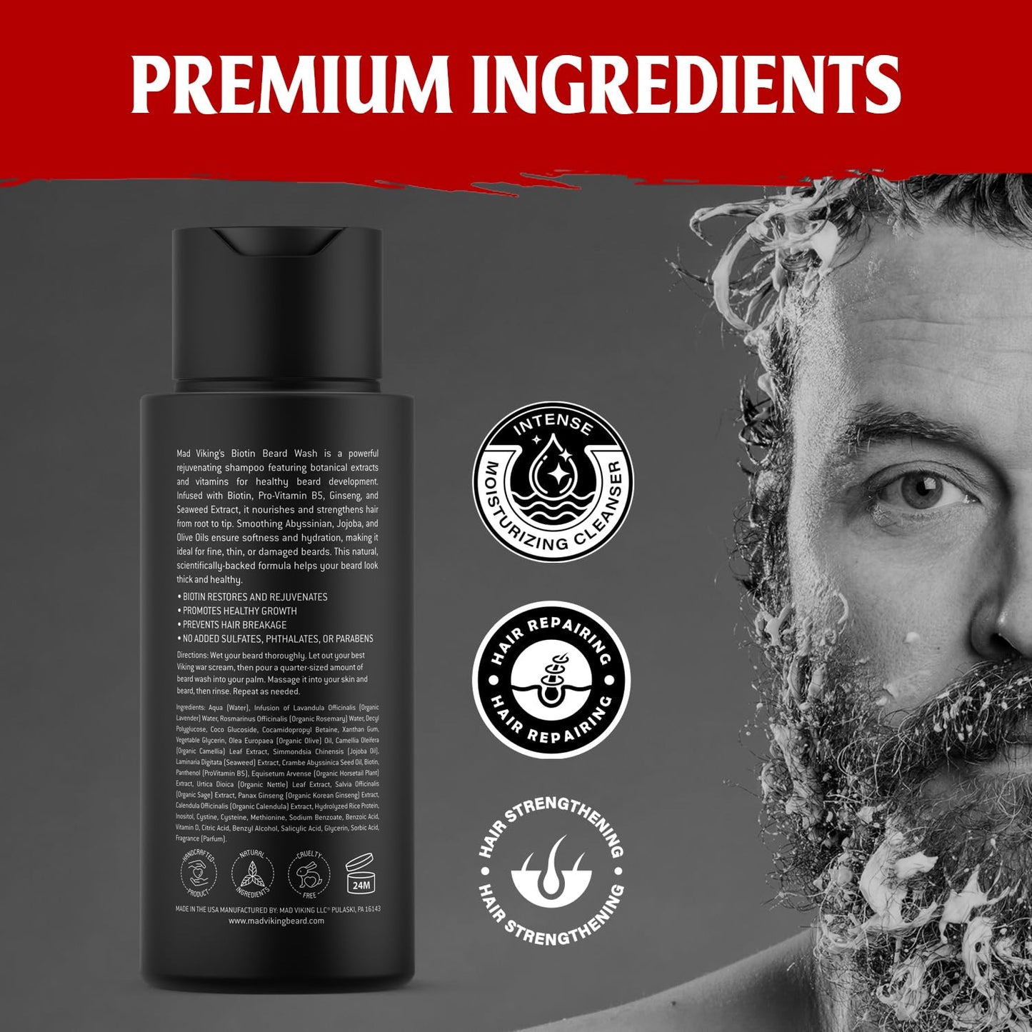 Mad Viking Fenrir Biotin Beard Wash - Moisturizing Cleanse - Grow a Healthy Beard - Made with Premium Ingredients to Fight Itch & Dandruff - Bourbon, Neroli, Rum & Tobacco Scent, Made in the USA - 8oz