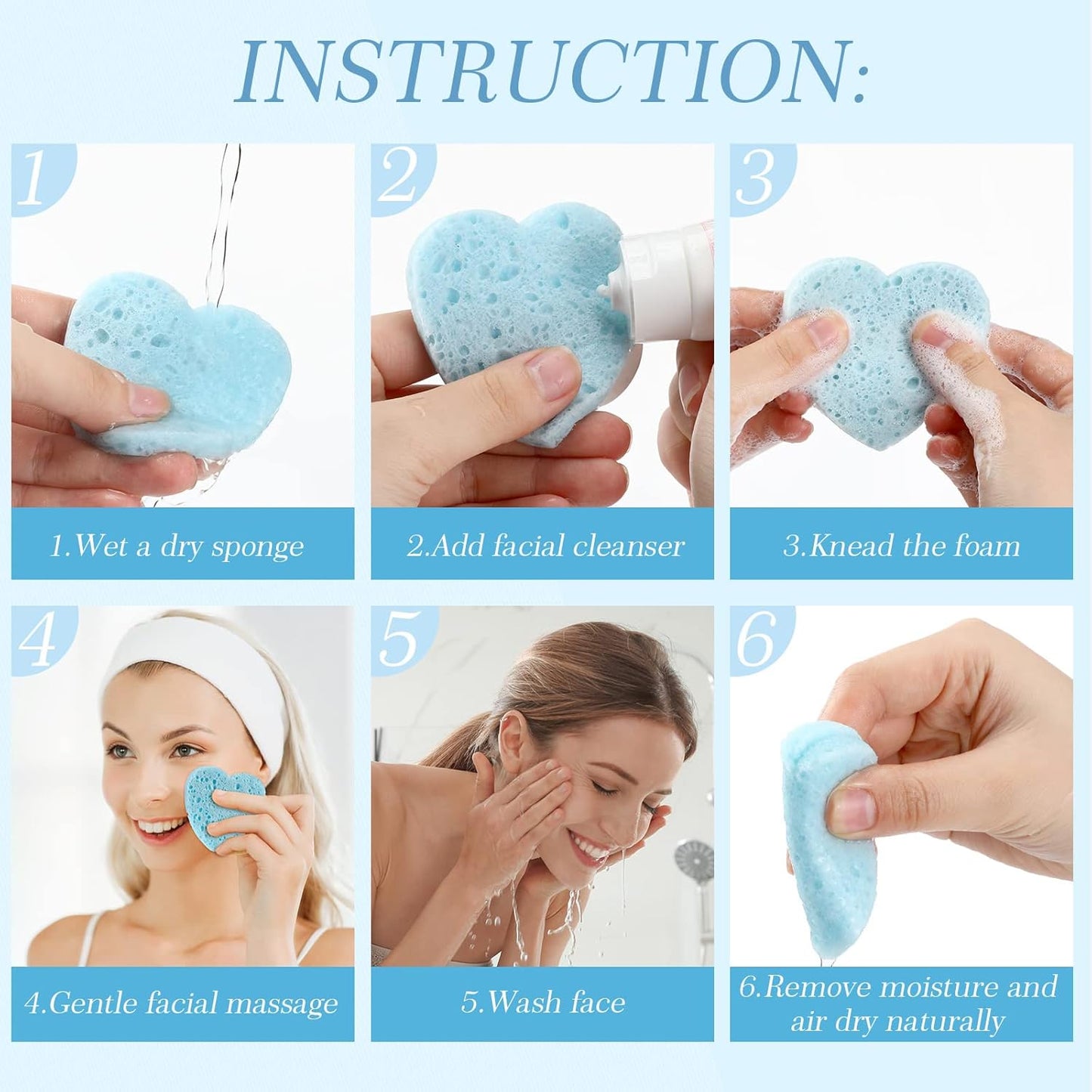 Sieral 120 Pcs Compressed Facial Sponges with Container Disposable Face Sponge Pads for Washing Face Cleansing Exfoliating Esthetician Makeup Removal(Heart,Light Blue)