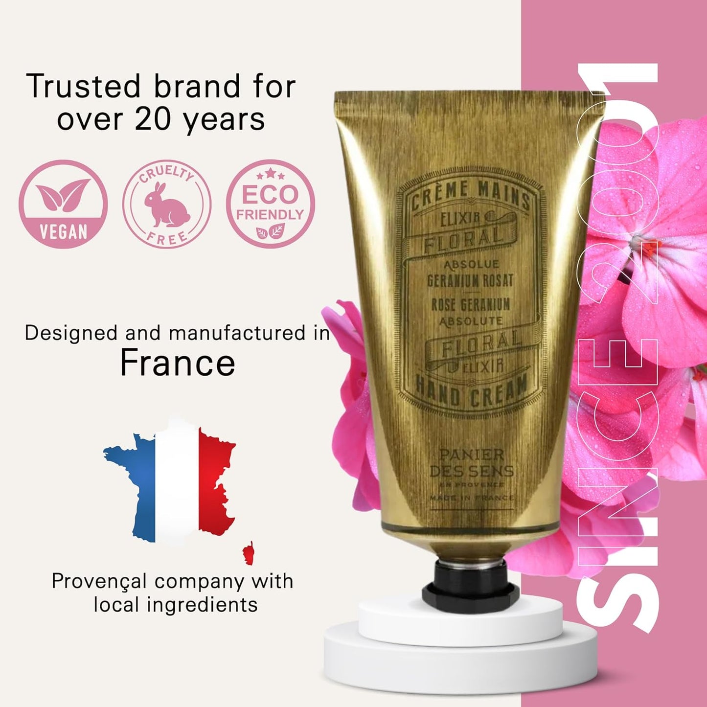 Panier des Sens - Hand Cream for Dry Cracked Hands - Rose Geranium Hand Lotion with Olive & Almond Oil - Vitamin E Skin Moisturizer with 97% Natural Ingredients - Made in France, 2.5 fl oz