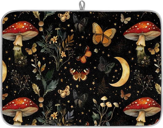 Hexteria Mushrooms and Butterflies Dish Drying Mat for Kitchen Counter Microfiber Absorbent Dish Draining Reusable Washable Foldable Large 16"x18"