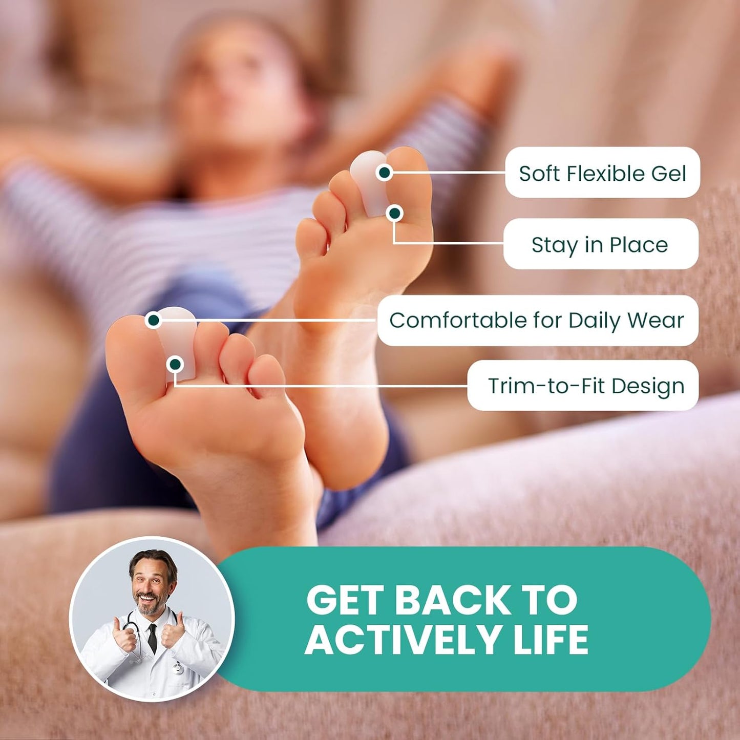 Welnove Gel Toe Cap and Protector - Silicone Toe Covers - Toe Cushions for Pain Relief, Missing or Ingrown Toenails, Corns, Calluses, Blisters (8 Medium, White)