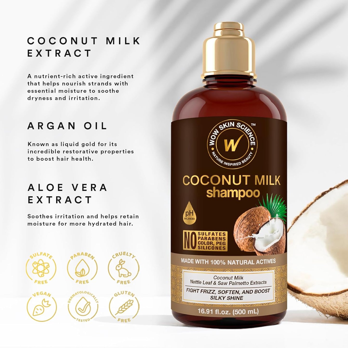 WOW Skin Science Coconut Oil Milk Shampoo - Hair Growth, Hydrating and Curl-Defining Formula for Curly, Wavy Hair for Men & Women - No Sulfates, No Parabens