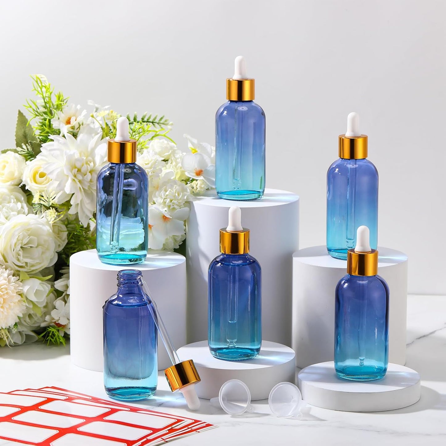 Dandat 50 Pack 4 oz Glass Dropper Bottles Leakproof 120 ml Glass Tincture Bottles with Eye Droppers, 4 Funnels, 54 Labels for Essential Oil Perfumes Hair Oil(Blue Gradient)