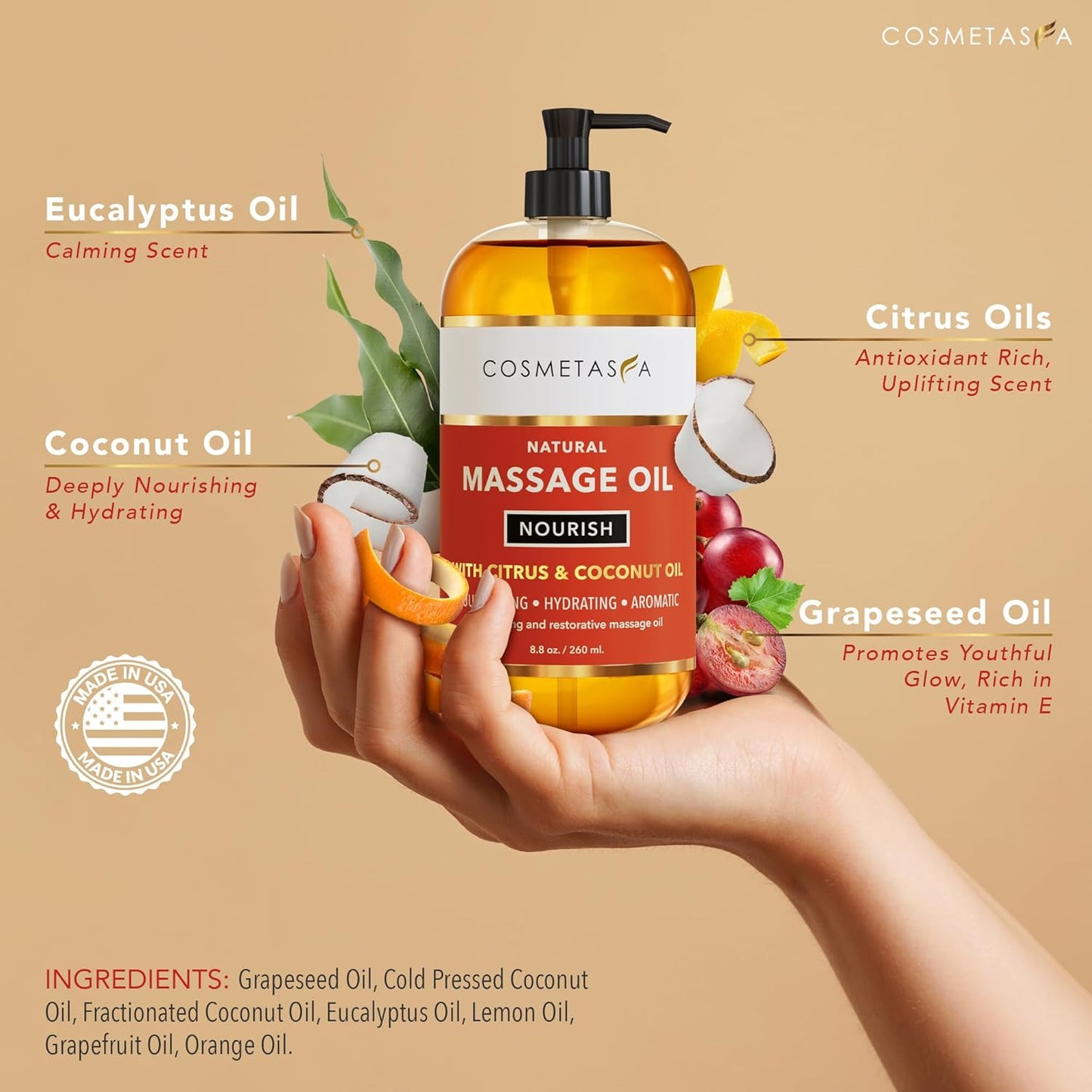 Cosmetasa Massage Oil Spa Gift Set for Women – Relaxing Lavender, Warming Arnica & Nourishing Citrus & Coconut Oils – Includes Roller Ball, Thumb Saver & Hot Stones – Self Care Kit & Body Massage Oils