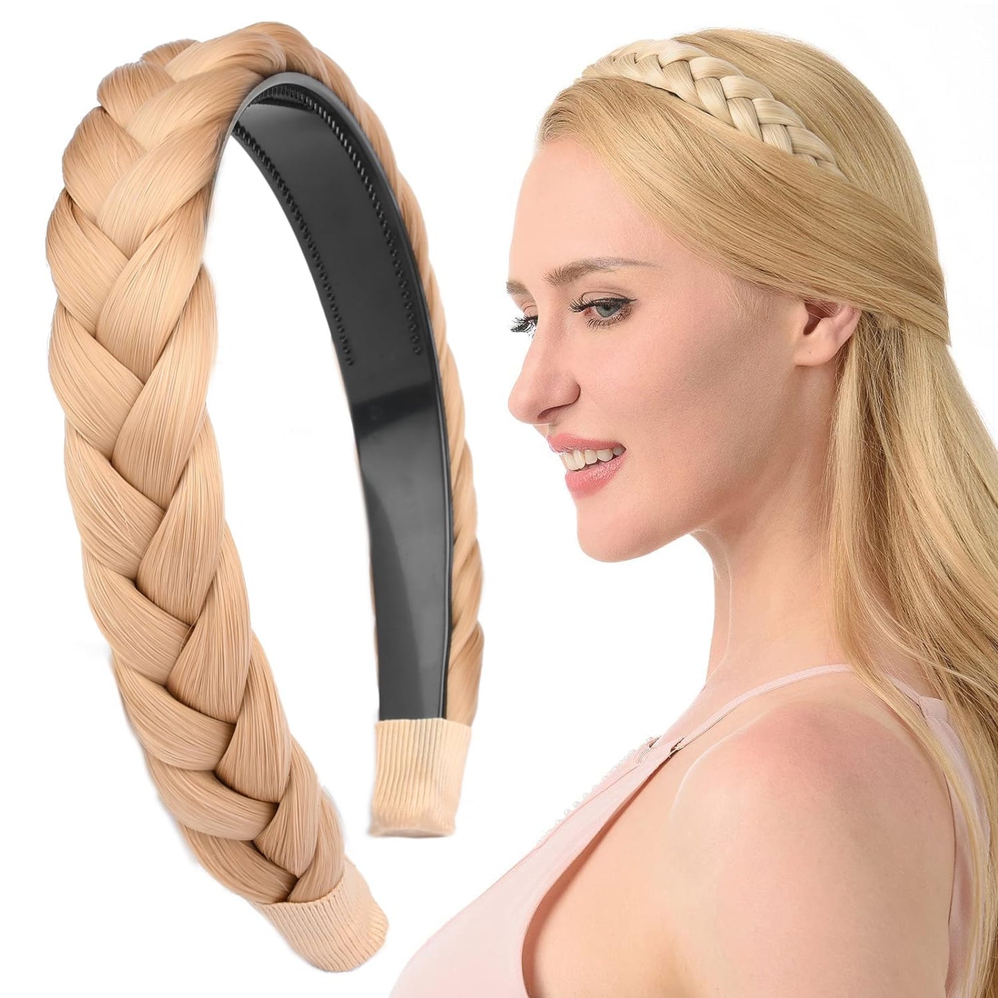 DIGUAN Width 0.9 inches Synthetic Hair Plaited Headband Braid With Teeth Hair Band Accessories for Women Girl (Champagne Blonde)