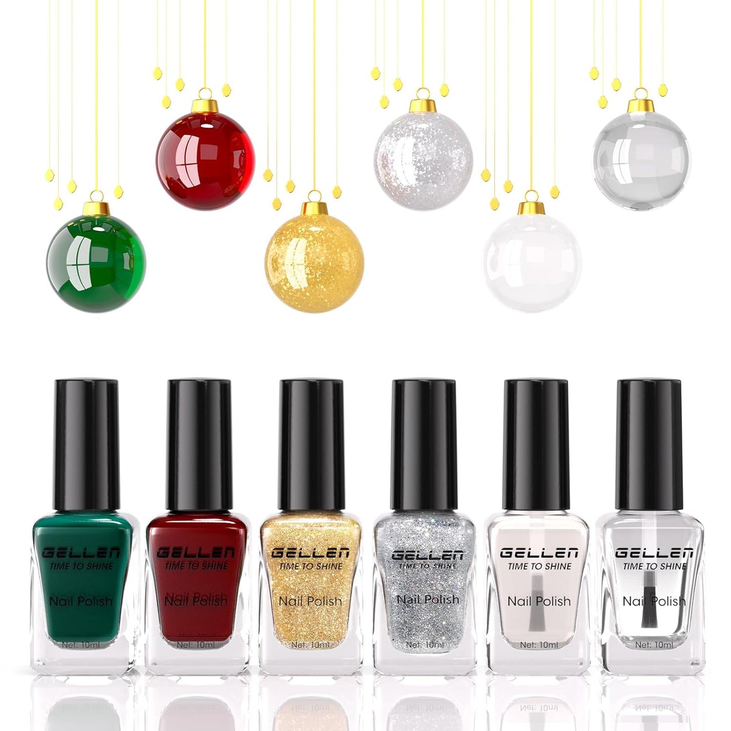 Gellen Christmas Nail Polish With Base Top Coat, Winter Air Dry Regular Nail Lacquer Polish Red Green Gold Silver Glitter 4-Color Set, For Finger Toe Nails Home Salon, Not UV Gel, Hema Free, Non-toxic