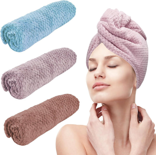 Hair Drying Towel 3 Pack - Ultra Soft Microfiber Turban Twist Hair Wrap for Women - Super Absorbent, Quick Dry Hair Towel Cap for Wet Hair (3 Colors,Purple, Bule, Brown)
