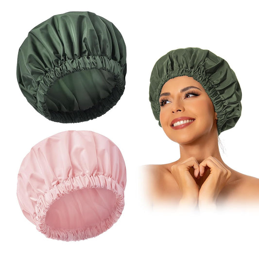 Reusable Shower Cap for Women, Large Waterproof Shower Essentials Bonnet Washable Elastic Band Bath Hair Wrap Hat for Long Hair, Braids(Pink&Green)