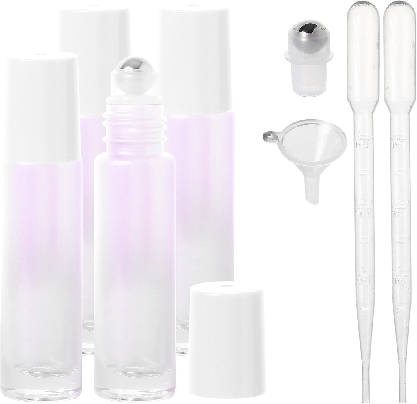 Essential Oil Roller Bottles, 10ml Thick Glass Perfume Roller Bottles with Funnel Opener and Dropper Colored Glass Empty Bottles with Stainless Steel Roller Balls (White, 4 Pack)