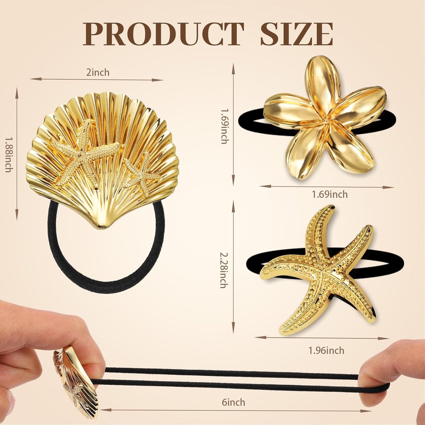 3PCS Gold Hair Ties, Metal Hair Ties for Thick Hair, Elegant Durable Geometric Design, Gold Hair Accessories Stretchy and Non-Damage Ponytail Holders, Ocean Pattern 3 Style Starfish Shell Flower