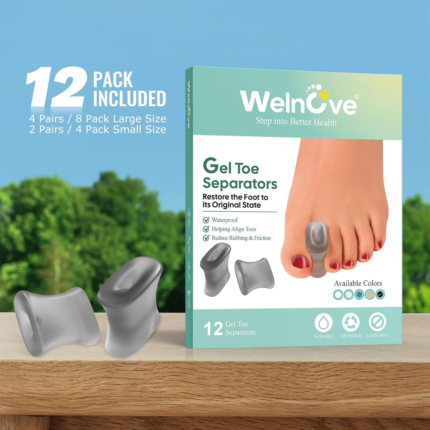Welnove 12-Pack Gel Toe Separators – Bunion Pads – Toe Spacers for Straightening Overlapping Toes for Men and Women - Transparent Black