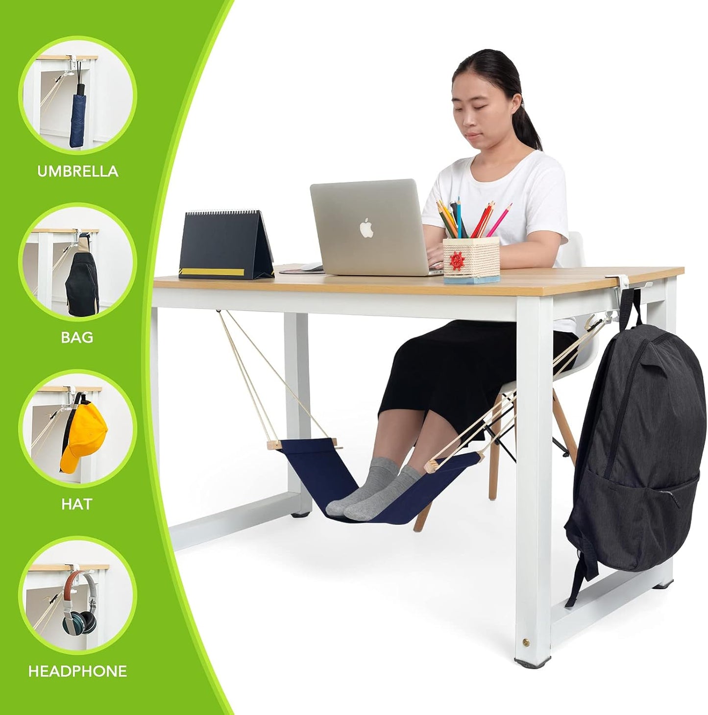 iMissiu Foot Hammock Under Desk Footrest, Adjustable Office Foot Rest Under Desk Hammock, Portable Desk Feet Hammock with Headphones Holder (Black)