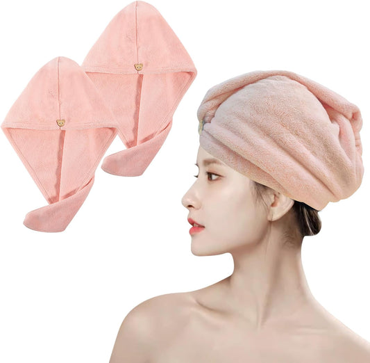 2 Pack Microfiber Hair Towel,Quick Dry Hair Towel Turbie Wrap for Women Kids,Super Absorbent Fast Head Wraps Drying Towel with Button for Wet Curly Hair(Pink 25.6x9.8 Inch)