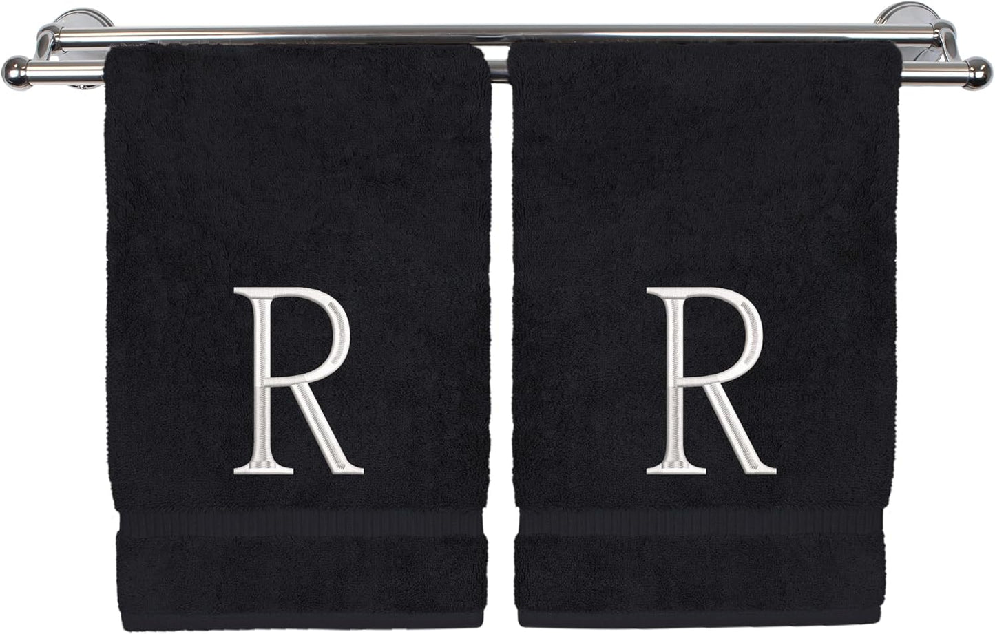 Monogrammed Hand Towel, Personalized Initial Gift, Extra Absorbent 100% Turkish Cotton - Soft Terry Finish - Set of 2 - White Block Initial R - Embroidered on Black Towels