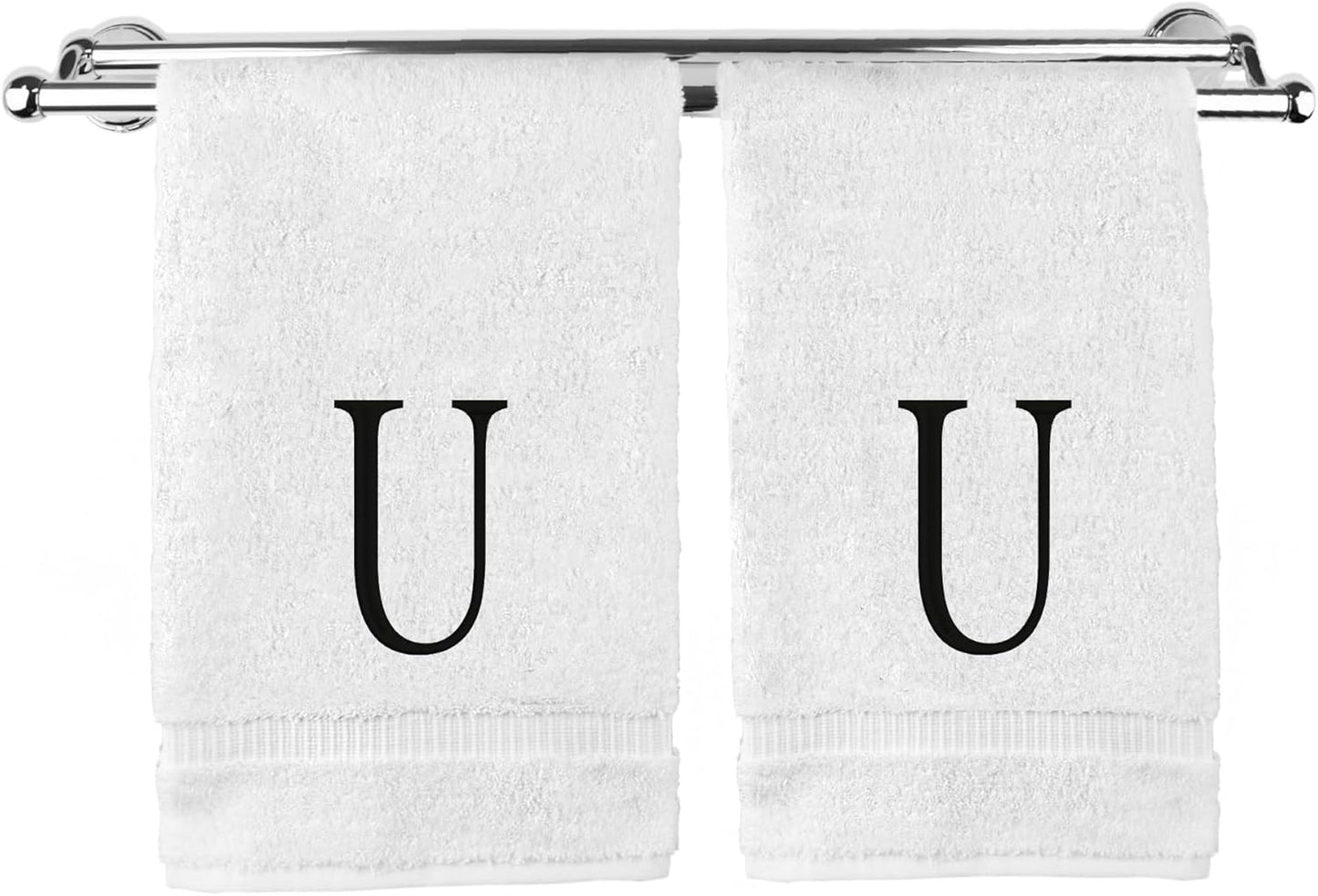 Monogrammed Hand Towel, Personalized Initial Gift, Extra Absorbent 100% Turkish Cotton - Soft Terry Finish - Set of 2 - Black Block Initial U - Embroidered on White Towels