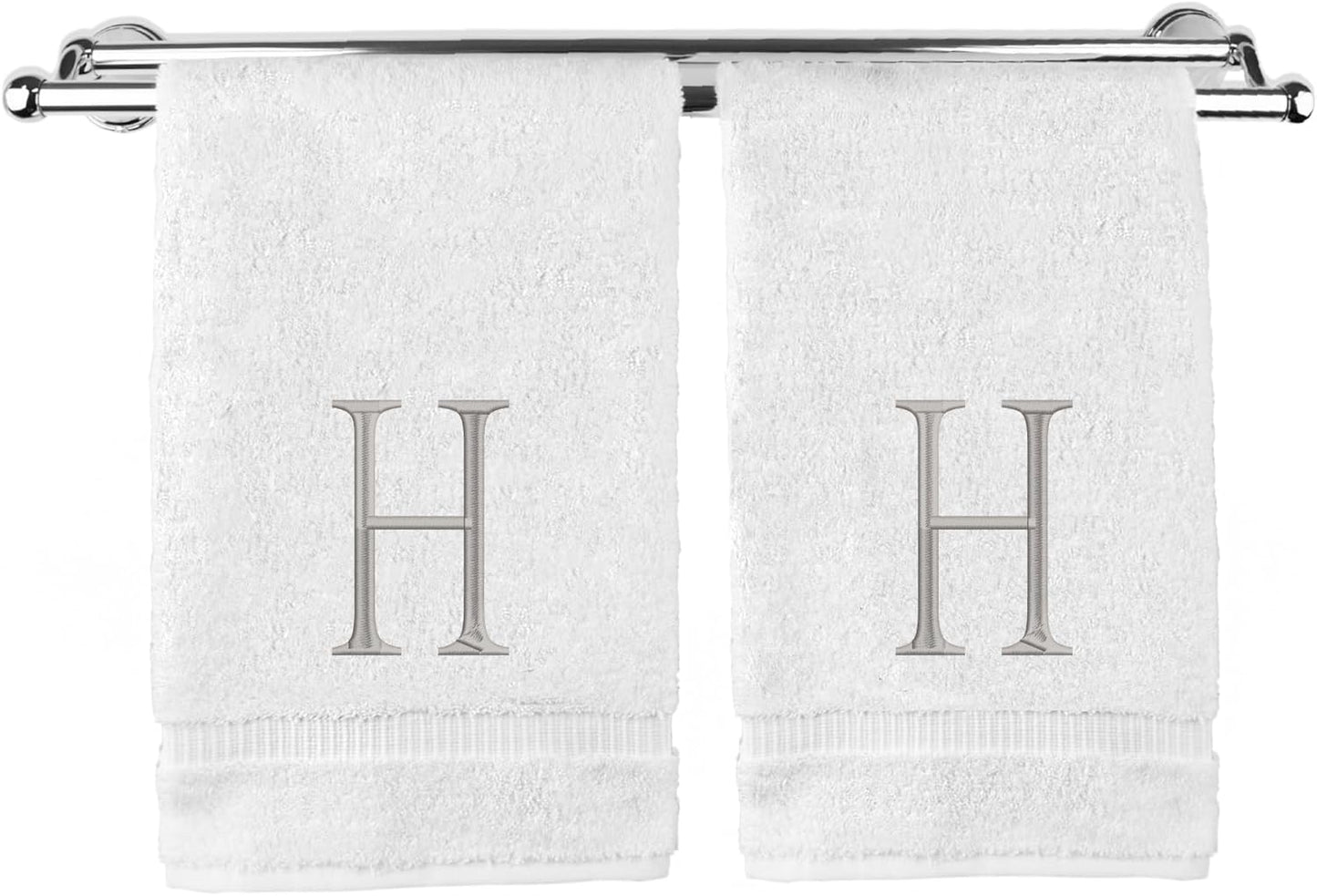 Monogrammed Hand Towel, Personalized Initial Gift, Extra Absorbent 100% Turkish Cotton - Soft Terry Finish - Set of 2 - Silver Block Initial H - Embroidered on White Towels