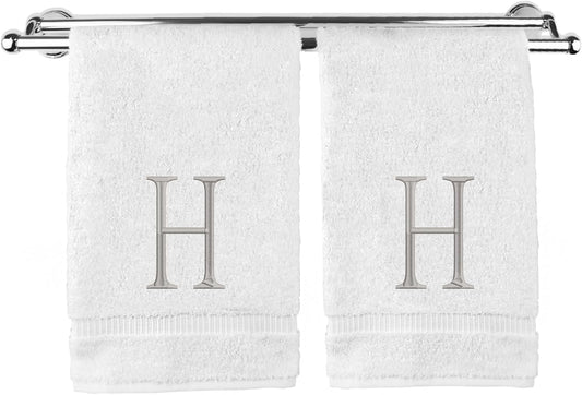 Monogrammed Hand Towel, Personalized Initial Gift, Extra Absorbent 100% Turkish Cotton - Soft Terry Finish - Set of 2 - Silver Block Initial H - Embroidered on White Towels