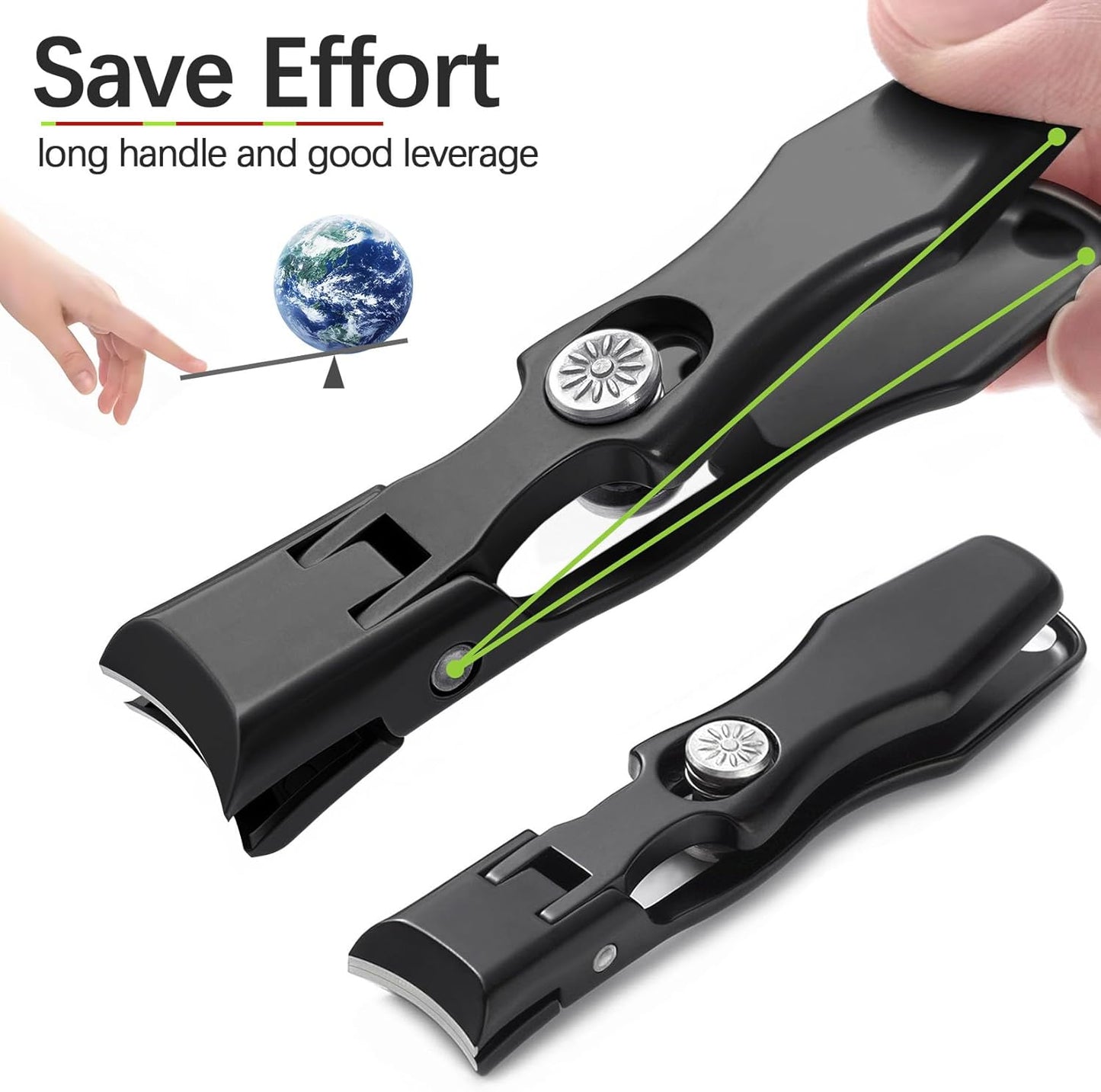 Nail Clippers for Men & Seniors Thick Toenails and Fingernail - Wide Jaw Opening Portable Ultra Sharp Finger Nail Clippers with Catcher, Heavy Duty Stainless Steel, Black Set