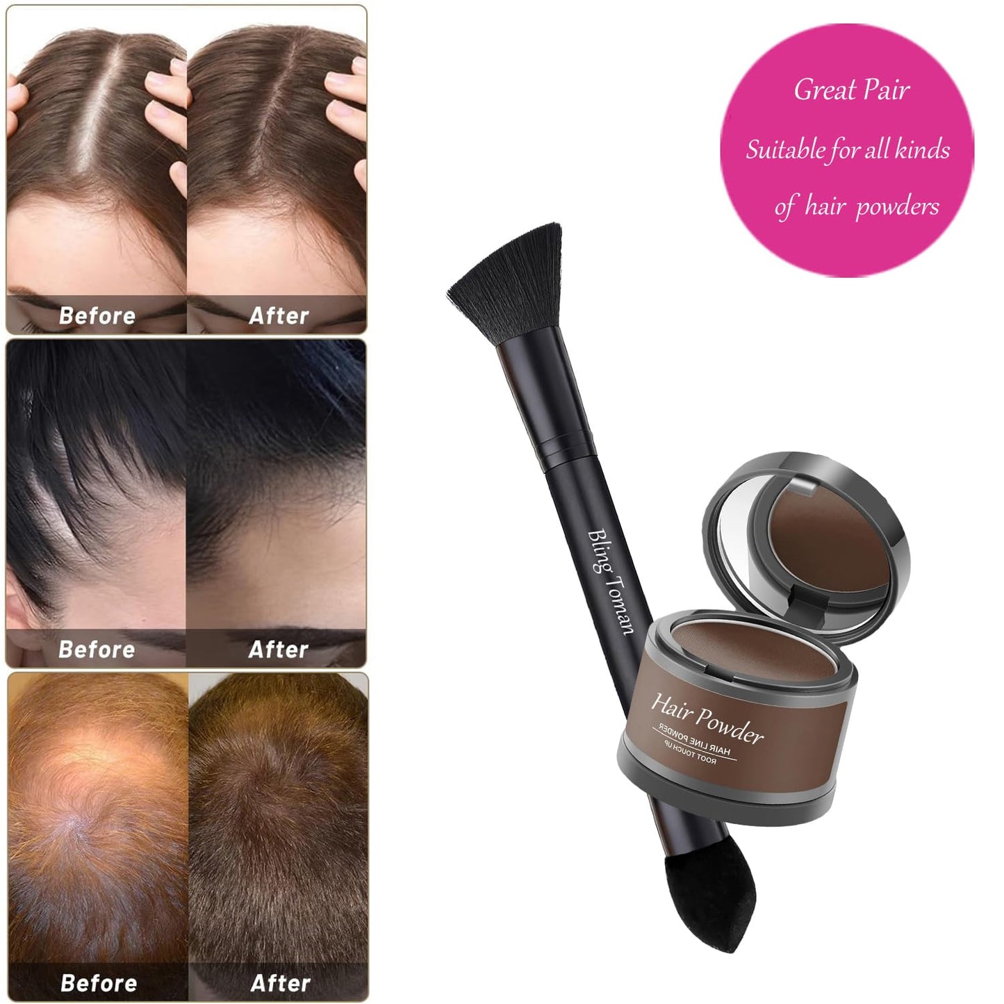 Dual-Ended Hairline Powder Brush Concealer Brush Precision Makeup Brush Set with Sponge Tip for Seamless Blending Hair Touch Up And Contouring Blending (Black Brush)