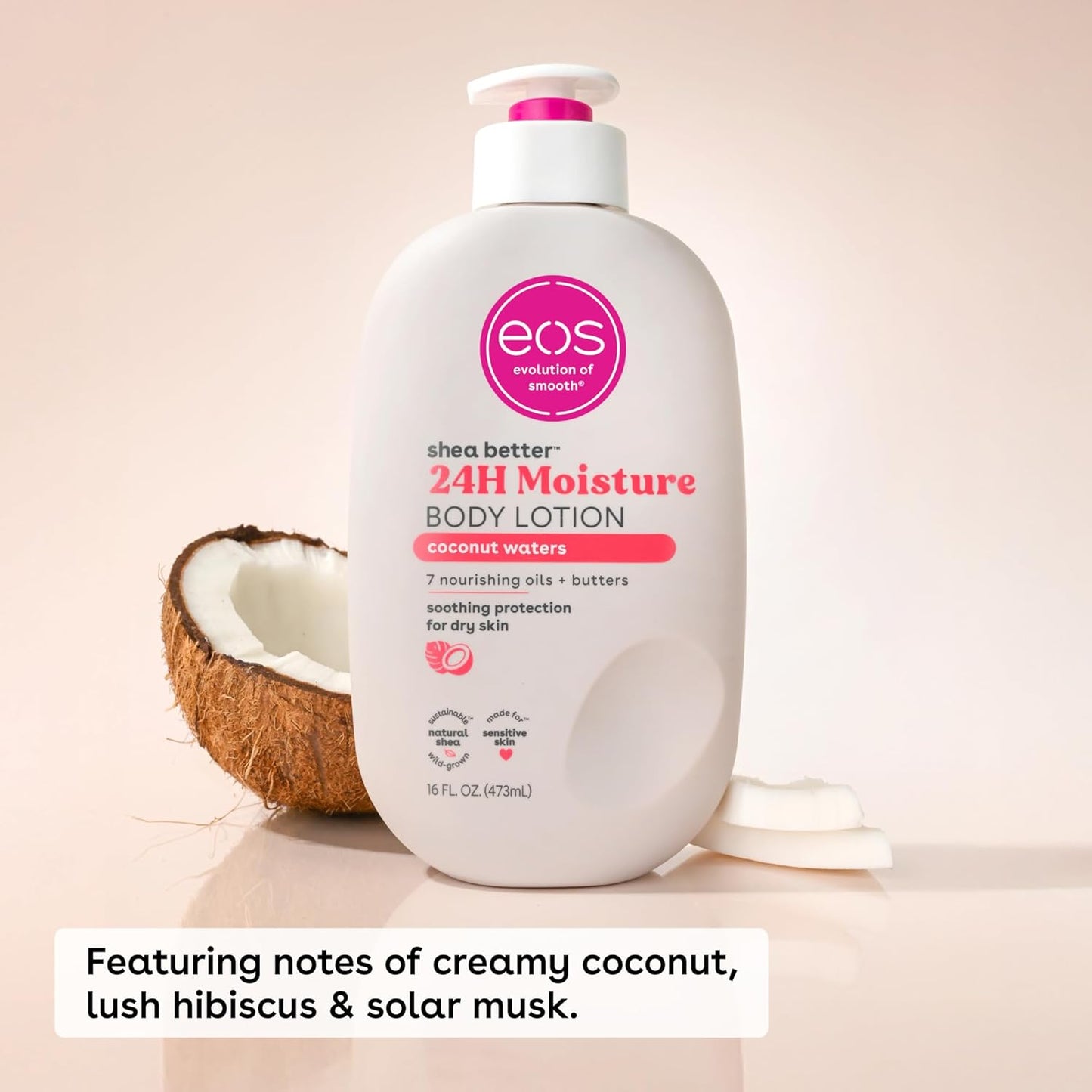 eos Shea Better Body Lotion Coconut Waters, 24-Hour Moisture Skin Care, Lightweight & Non-Greasy, Natural Shea, Vegan, Coconut Body Lotion, 16 fl oz