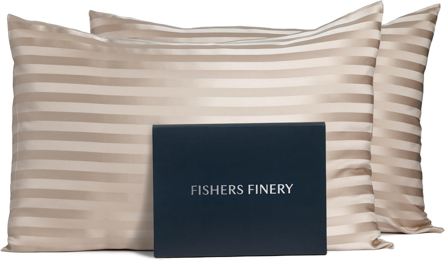Fishers Finery 25mm 100% Pure Mulberry Silk Pillowcase Set (Taupe Stripe Queen 2 Pack)