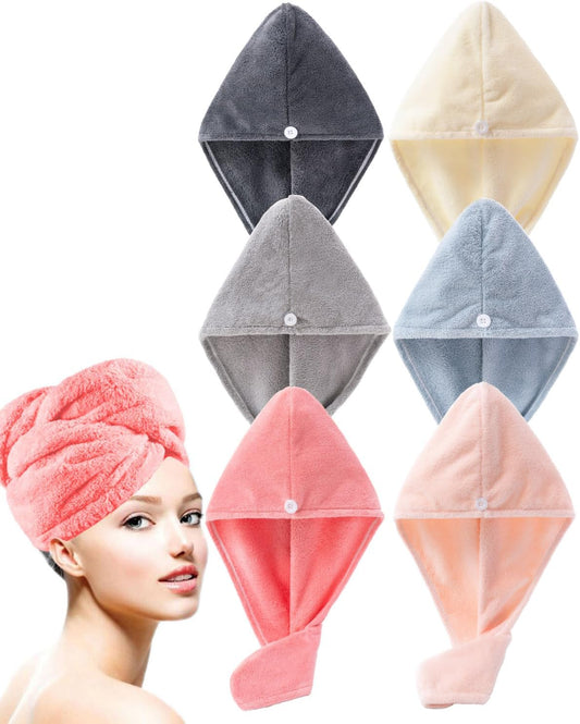 Microfiber Hair Towel Wrap for Women 6 Pack - Ultra Absorbent Fast Drying Turban with Button Closure, Anti-Frizz Design for Curly/Straight Hair, Lightweight & Machine Washable 25x65cm (6 Colors)
