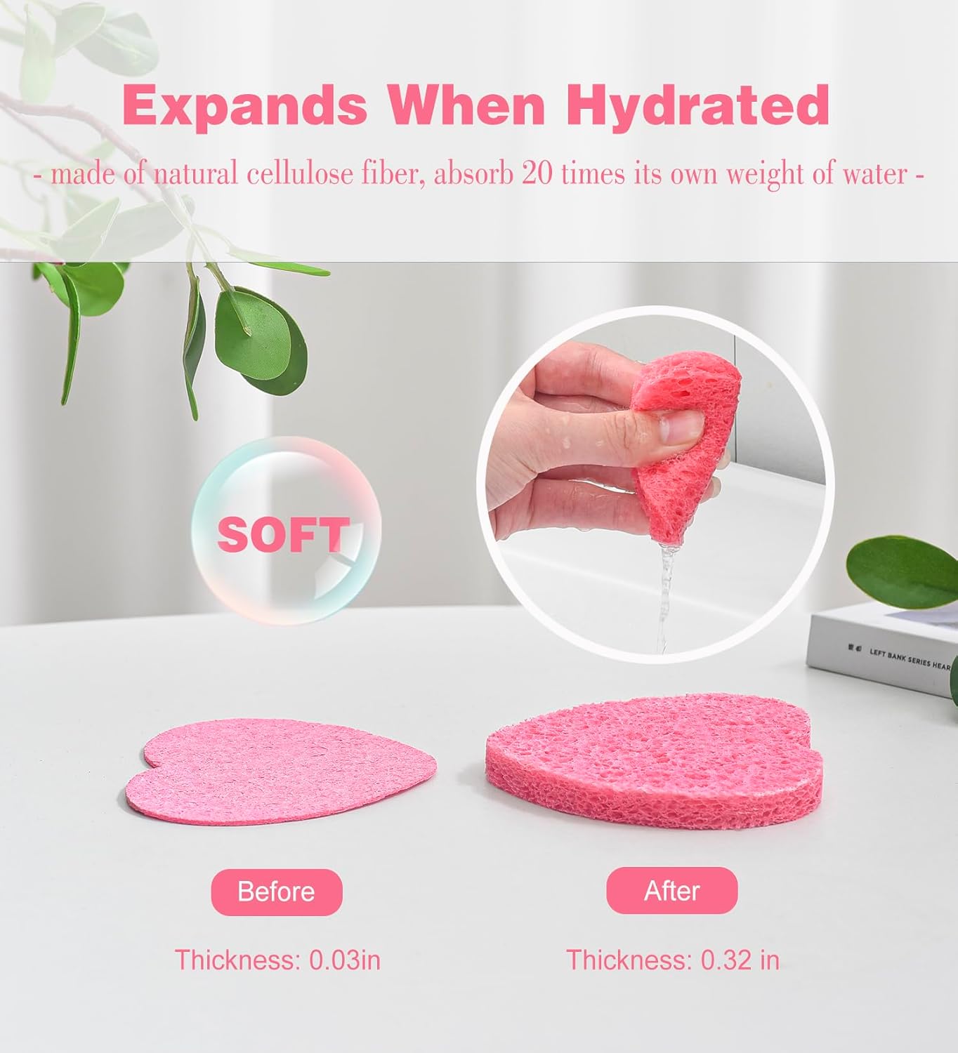 50-Count Compressed Facial Sponges for Estheticians- 100% Natural Cellulose Face Sponge Spa Sponges for Face Cleansing, Massage, Pore Exfoliating, Mask, Makeup Removal (Love-Pink)