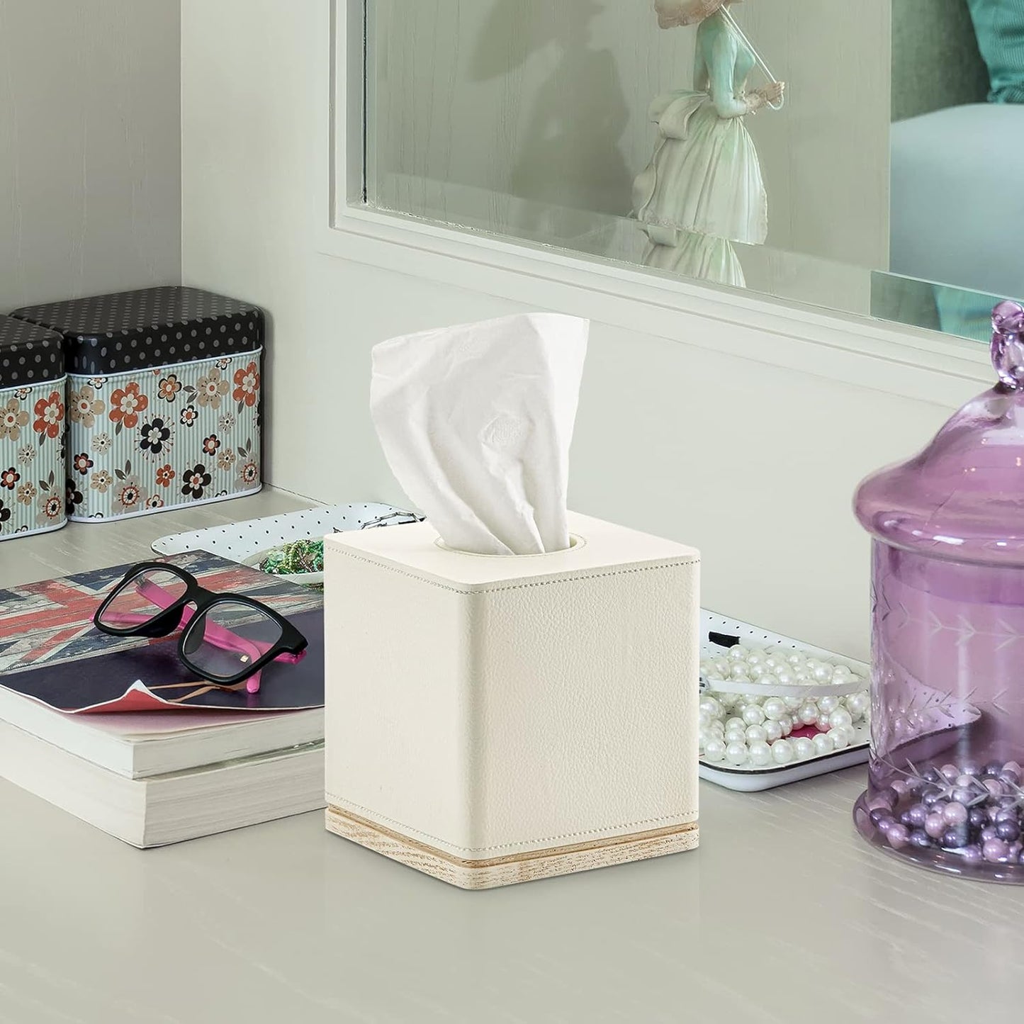 Tissue Box Cover Square Resin Tissue Holder for Home Decor,Hand Carved Beige Leather Cube Tissue Box Holder – 5.5 Inch Heavy Duty Luxury Tissue Box Case for Bathroom, Living Room, Office