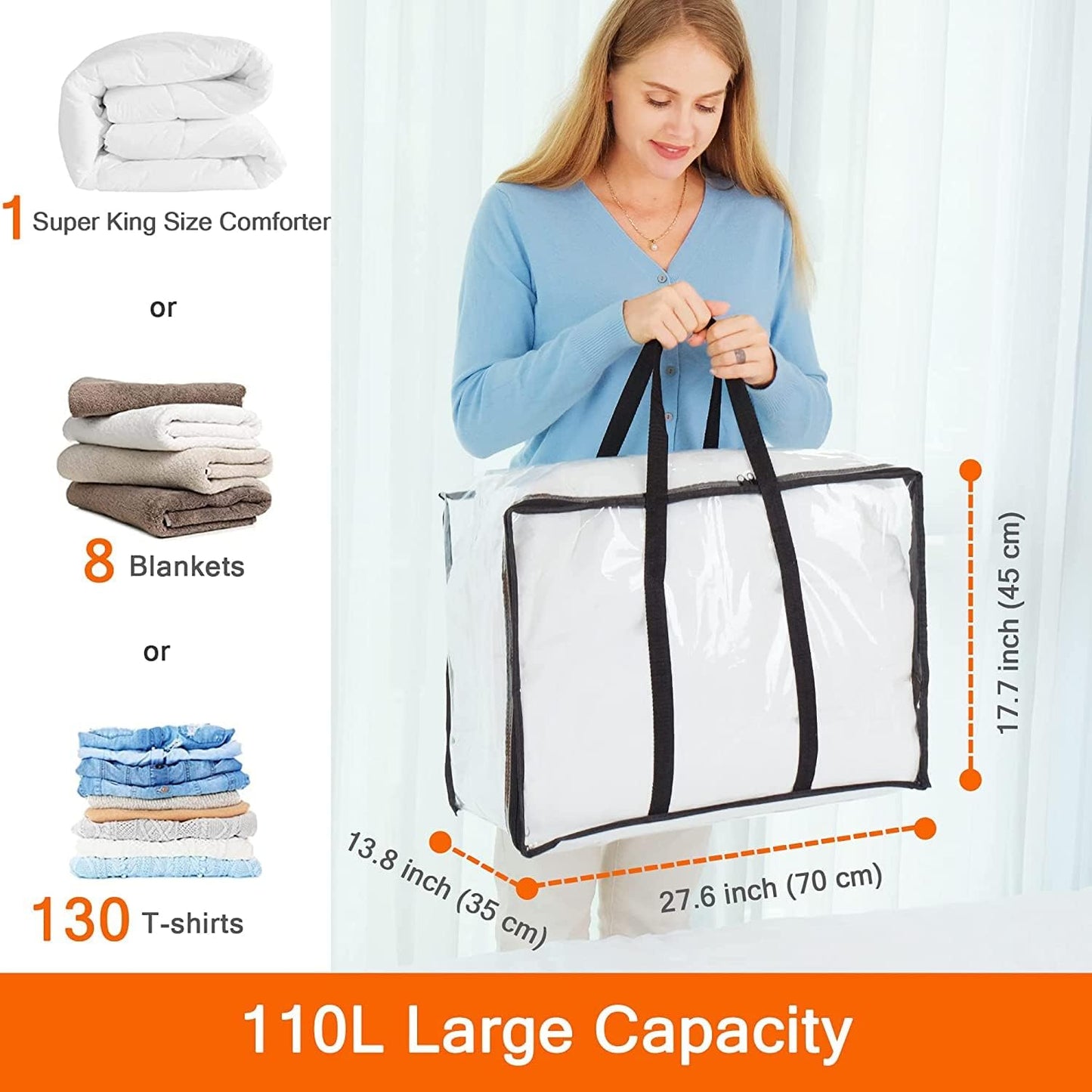 Vieshful 5 Pack Clear Comforter Storage Bag, 110L Over-Sized Clothes Storage Bag with Zipper Closet Organizer, Plastic Storage Containers Moving bags for Comforter, Blanket, Bedding, Duvet, Toys