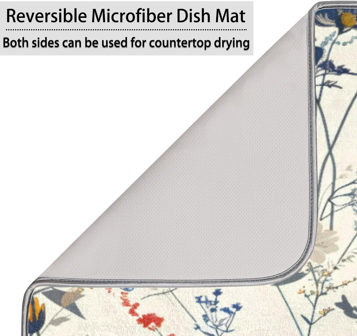 Hexteria Flower Dish Drying Mat for Kitchen Counter, Accessories Dish Rack Mat Drainer Pad Washable Microfiber Drying Mat, Vintage Plants Herbs Floral
