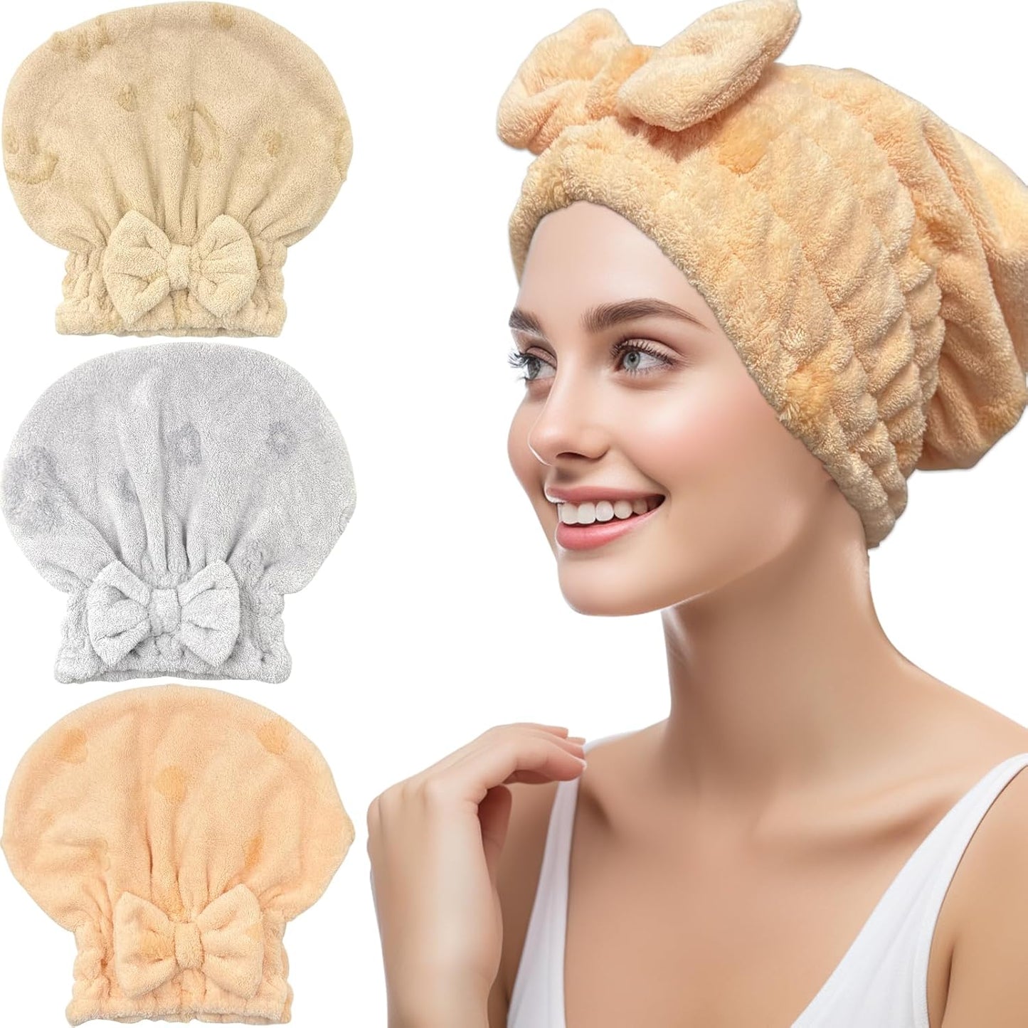 Jseng 3Packs Microfiber Hair Towel for Women - Quick-Drying, Super Absorbent Hair Wrap with Bow Design, Soft Hair Towel Turban for Curly Long Wet Hair