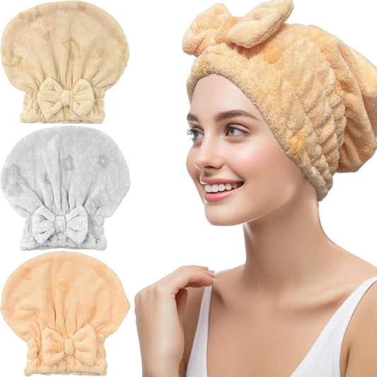 Jseng 3Packs Microfiber Hair Towel for Women - Quick-Drying, Super Absorbent Hair Wrap with Bow Design, Soft Hair Towel Turban for Curly Long Wet Hair