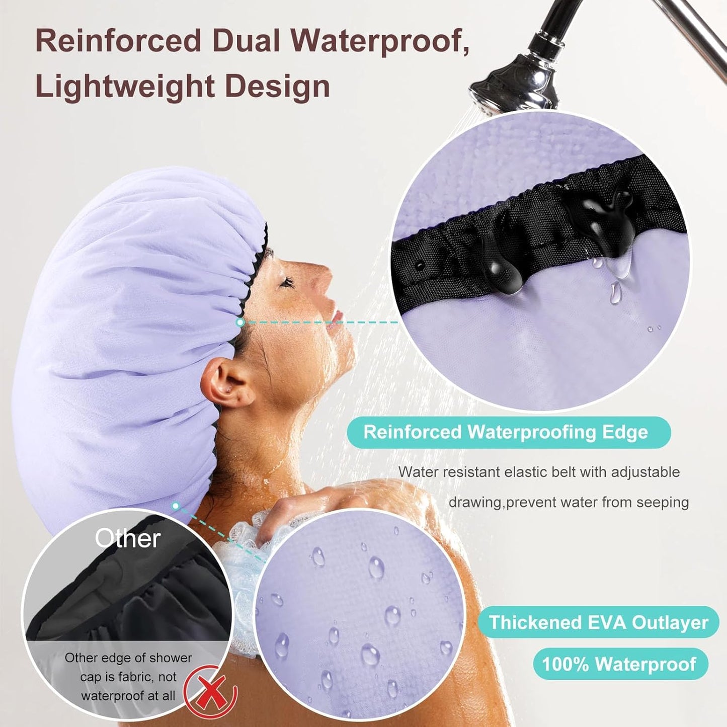 2 Pcs 13.5" Dual Waterproof Design Adjustable Terry Shower Cap for Women and Men, EVA Double Layer Bath Cap Reusable for Braids, Long Hair, Dreadlocks