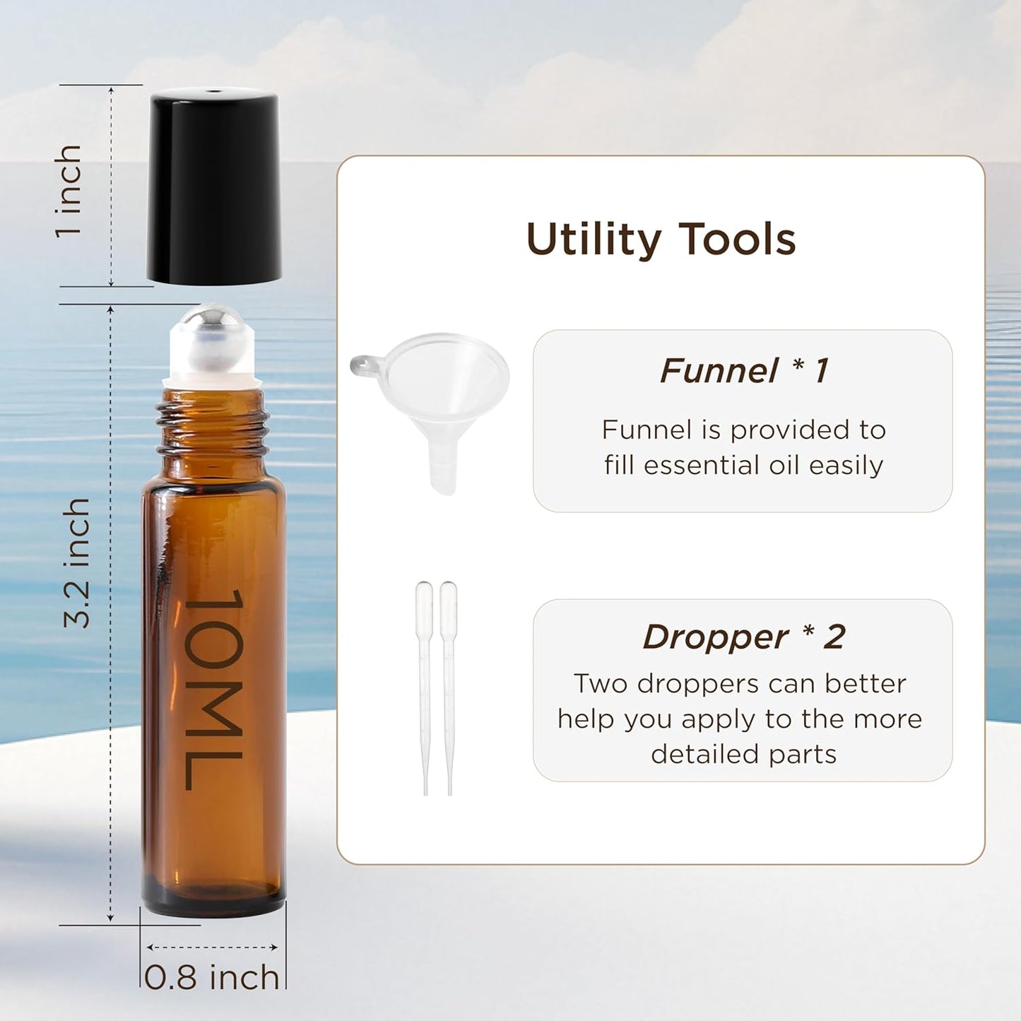 Essential Oil Roller Bottles, 10ml Thick Glass Perfume Roller Bottles with Funnel Opener and Dropper Colored Glass Empty Bottles with Stainless Steel Roller Balls (Brown - black cover, 4 Pack)