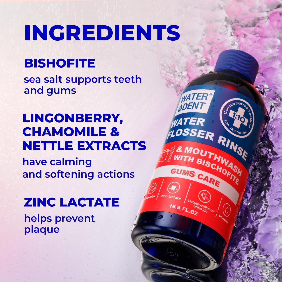Concentrated Water flosser Rinse & mouthwash Gum Care| Add to Water Flosser & Oral irrigator | Apple Mint| Pack of 1 = 16.9 fl.oz | Alcohol Fluoride Free, Made in USA | WATER DENT
