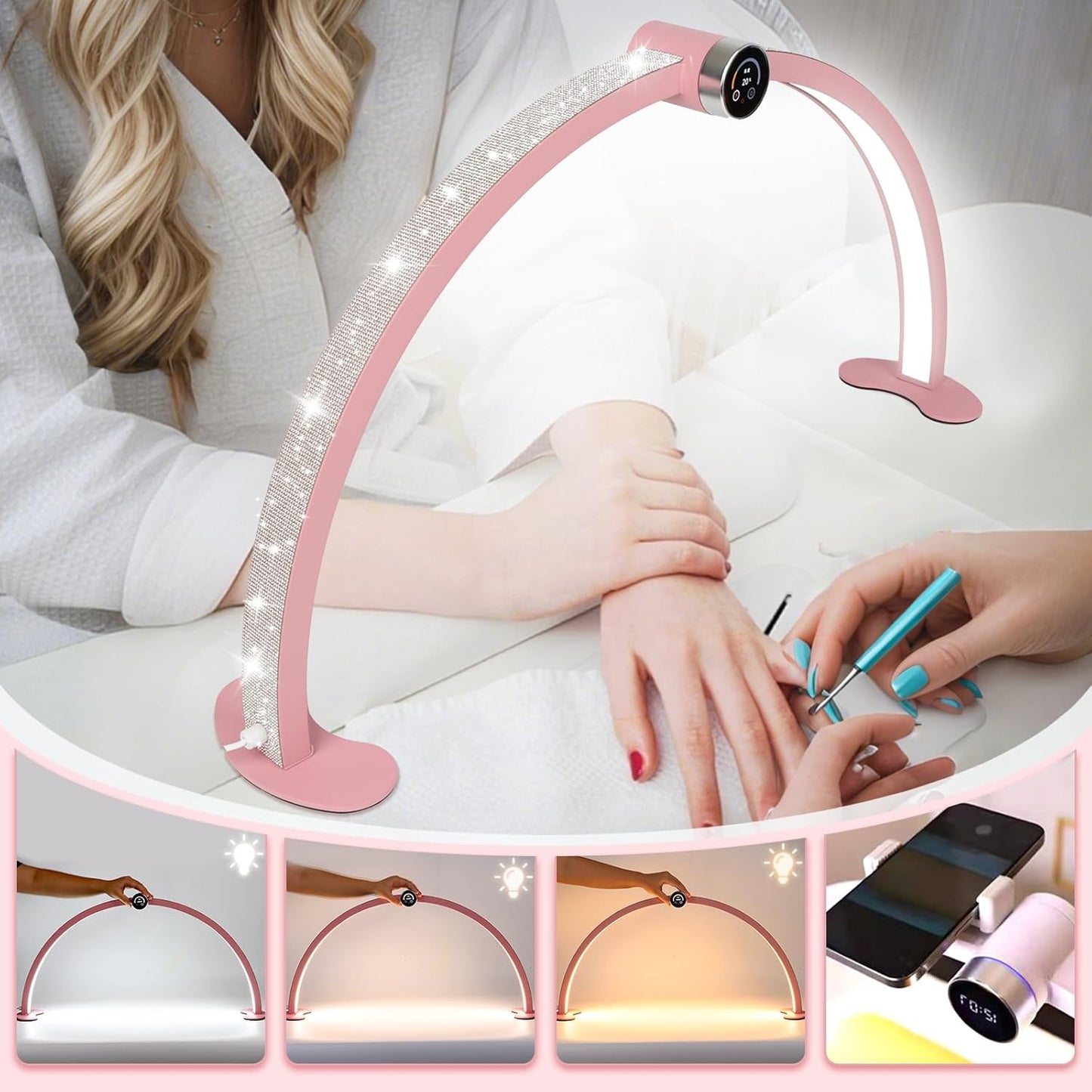 SAVILAND Half Moon Nail Light for Desk: Pink 48W 29In 8 Languages Display Screen Halfmoon Light with Phone Holder 3000-6000K Adjustable Aliminium 76 * 6 * 64cm Desk Light Nail Desk Lamp for Nail Art