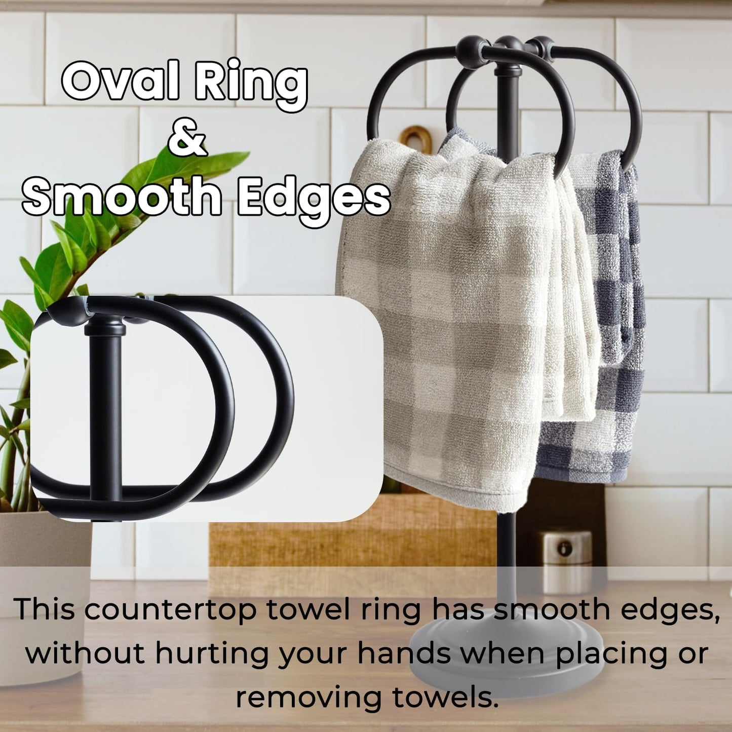 17 Inch Stainless Steel Hand Towel Holder Double Stand Hand Towel Ring for Washcloths or dishcloths Non-Slip Base Free Standing Towel Rack for Bathroom Kitchen (Black)