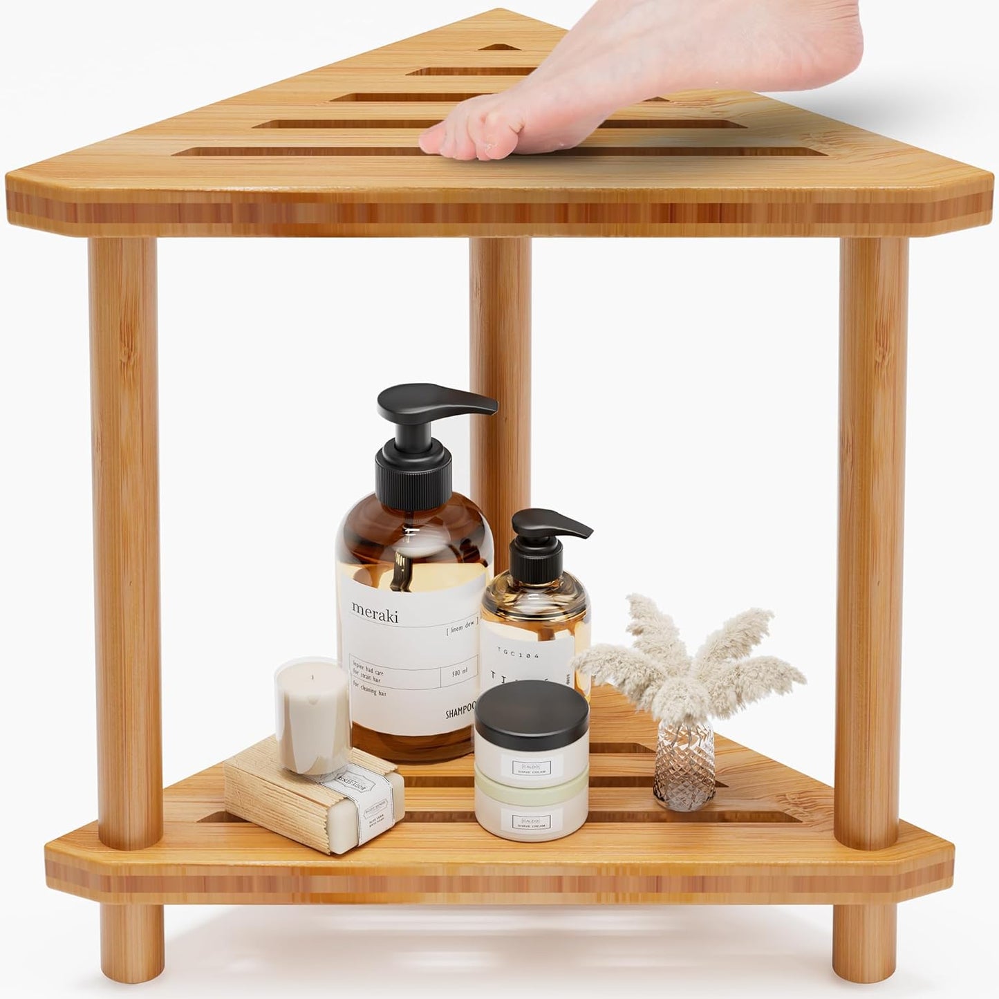 Ollieroo Bamboo Corner Shower Stool for Shaving Legs, 2-Tier Shower Stool for Inside Shower, Shower Foot Stool with Storage Shelf(Natual)