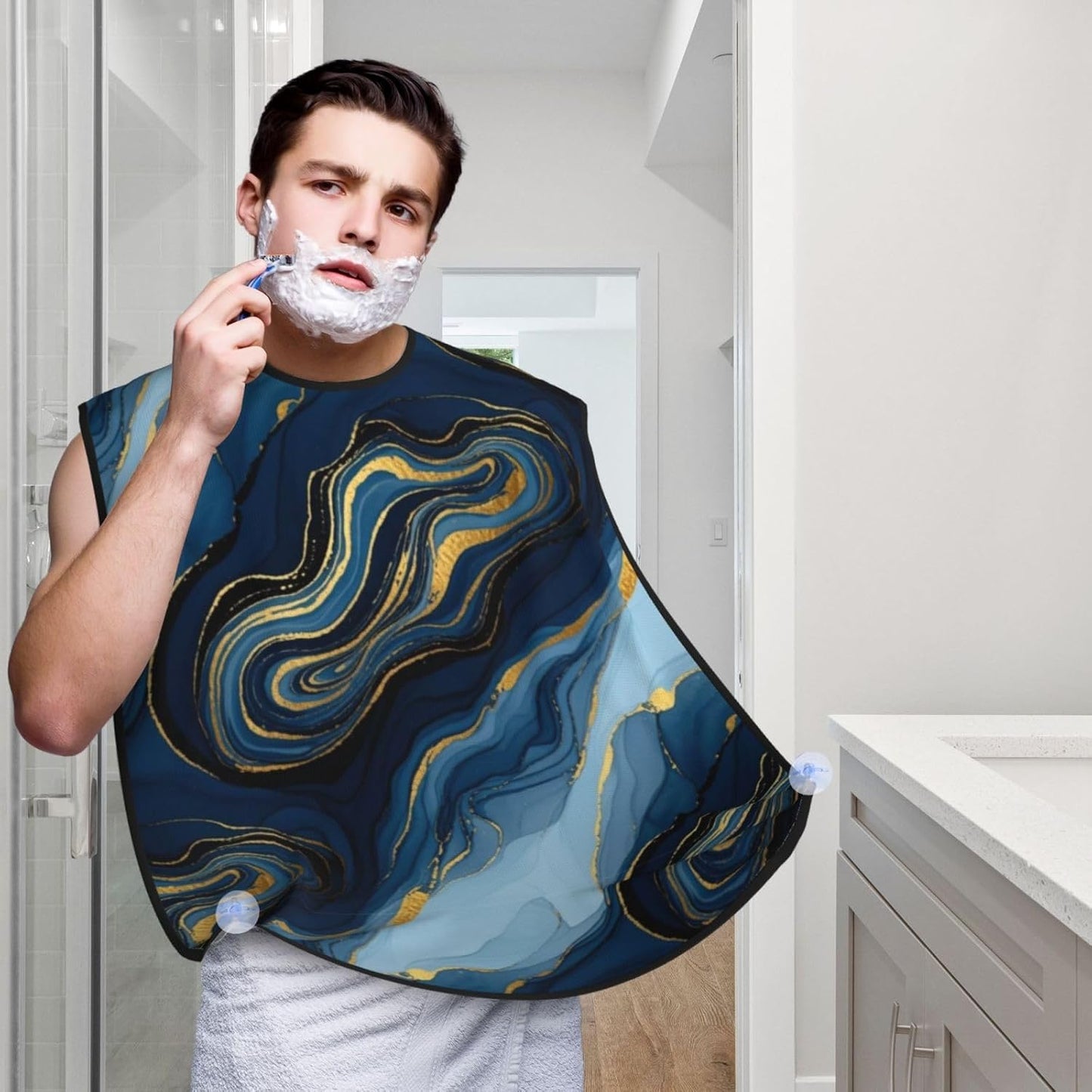 Adjustable Beard Bib, Non-Stick Hair Catcher Cape for Men's Shaving, Waterproof with 2 Suction Cups, Luxury Marble Texture Gold and Blue Shave Bib