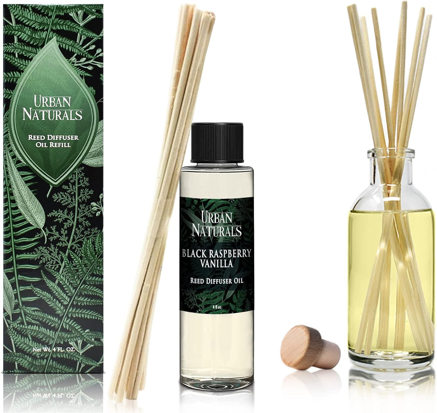 Urban Naturals Reed Diffuser Oil Refill, Black Raspberry Vanilla Oil for Diffuser with Orchid, Amber, Sandalwood, 4 oz + Free Reed Sticks, Made in The USA