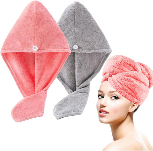 Bath Pre Dry Hair Towel 2 Pack Quick Dry Hair Super Absorbent Lightweight Turban with Button Hair Drying Wrap Shower Wellness, Red Grey
