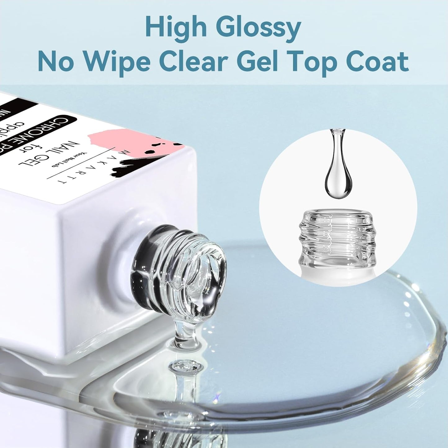 Makartt Gel Top Coat for Chrome Nail Powder - 2 Pcs 15ml Clear No Wipe High Gloss Top Coat Gel Nail Polish Mirror Shine Long Lasting Easy Application, Soak off UV Lamp, DIY Home Salon Art Design