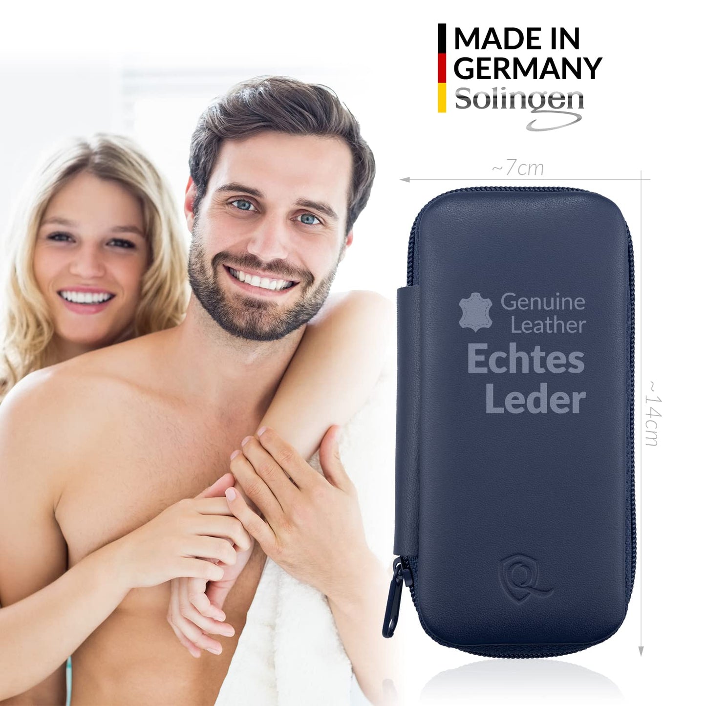 Manicure Set Solingen Made in Germany - 7 Piece Exclusive Finger & Toe Nail Clippers Kit for Women and Men in Real Leather Case, Color Blue